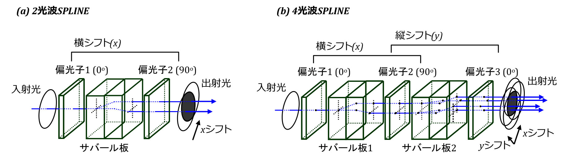 図4：サバール板を用いたシアリングナル干渉計(SPLINE)の原理。(a)x方向にシフトさせた2光波SPLINEN,および(b)x,y方向にシフトさせた4光波SPLINE。